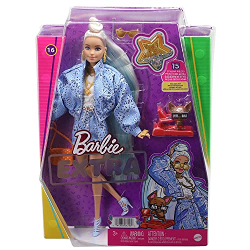 Barbie Dolls and Accessories, Barbie Extra Doll with Blue-Tipped Hair and Pet Chihuahua, Blue Paisley-Print Jacket, Toys and Gifts for Kids, HHN08