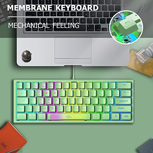 LexonElec K61 pro - [UK Layout] 60% percent Green Keyboard Gaming Mini Cute - RGB Illuminated LED Light up USB Wired Compact - Small Portable Mechanical Feel Aesthetic for PC Laptop MAC ps4 Gamer