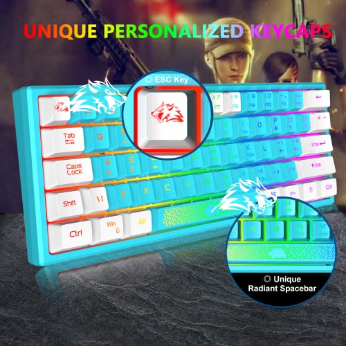 K61 UK Layout 60% Gaming Keyboard Wired 61 Keys RGB LED Backlit 7 Lighting Effects Waterproof Keyboard Mechanical Feeling 19 keys Anti Ghosting for Laptop MAC ps4- Blue and White Mixed-Colored Keycaps