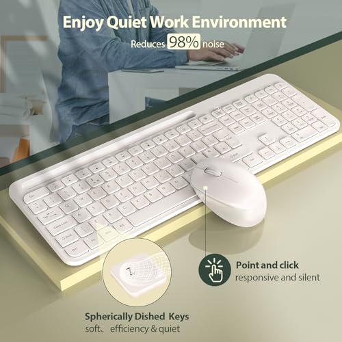 Wireless Keyboard and Mouse Set UK, Full Size Slim Keyboard with Phone Holder, 2.4GHz Unifying USB-Receiver, Energy Saving, Cordless Ergonomic Quiet Mice Keyboard Combo for Office, PC, Laptop (White)