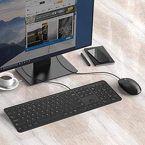 Wired Keyboard and Mouse Set, Full Size QWERTY UK Wired Keyboard, Scissor-Switch Keys, Wired Mice with 800/1200/1600 Adjustable DPI, Compatible with Windows Computer Laptop PC Desktop, Black