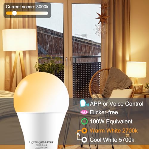 Lighting master Alexa Light Bulbs 100W Equivalent, Bluetooth Smart Bulb Warm White to Daylight Dimmable，B22 Bayonet Light Bulb with APP and Voice Control for Bedroom Kitchen Living Room (4 Packs)