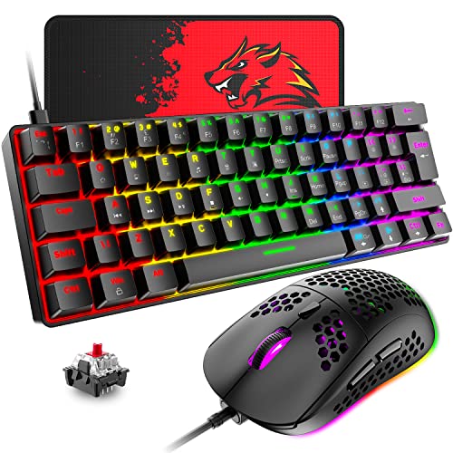 T60 UK Layout 60% Mechanical Keyboard and Mouse Set, Compact 62 Keys Mini Wired Gaming Keyboard 19 Rainbow Backlit + 6400DPI RGB Ultra-Light PC Gaming Mice + Mouse Pad For Laptop/MAC-Black/Red Switch