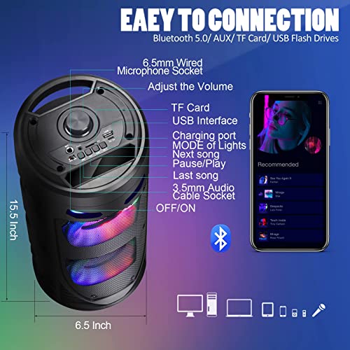 Portable Bluetooth Speaker, 30W Wireless Speaker with Double 4’’ Full range Stereo Sound, Mixed Color LED Lights, Remote, Supports EQ, TWS, USB, TF, AUX, Loud Speaker for Travel, Home, Party(1 Pcs)