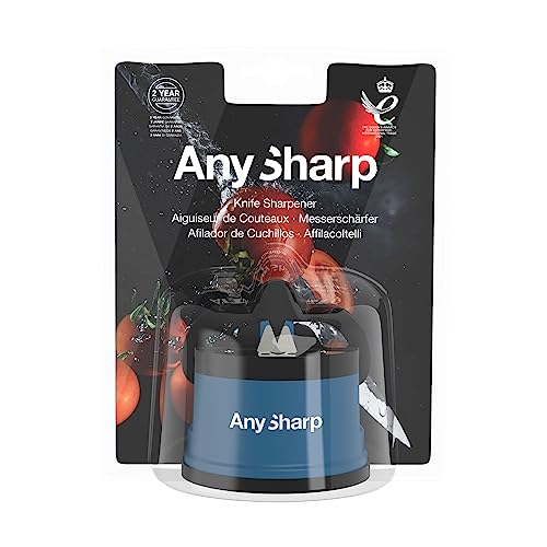 AnySharp Knife Sharpener, Hands-Free Safety, PowerGrip Suction, Safely Sharpens All Kitchen Knives, Ideal for Hardened Steel & Serrated, World's Best, Compact, One Size, Blue