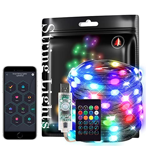 BTF-LIGHTING Smart Fairy String Lights RGB IC WS2812B IC 33FT Black Wire IP65 DC5V USB Bluetooth Twinkle with IR Remote Music Sync Color Chasing for Bedroom Curtain Christmas Wedding Party Decoration