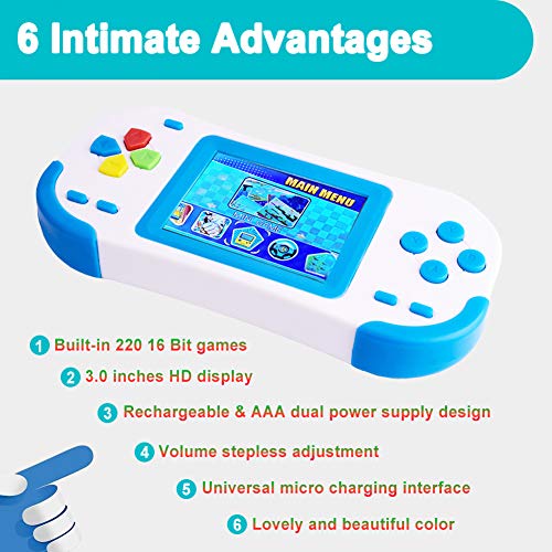 Bornkid 16 Bit Handheld Games Consoles for Kids and Adults with Built in 220 HD Classic Retro Video Games 3.0'' Large Screen Senior Electronic Handheld Game Player Children Birthday Gift (Blue)