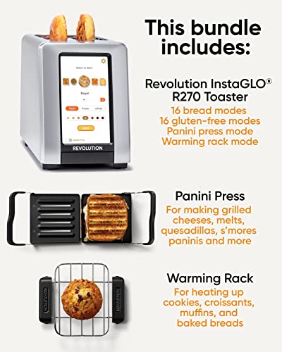 Revolution R270 High-Speed Touchscreen Toaster, 2-Slice Smart Toaster with Patented InstaGLO Technology, Warming Rack & Panini Press, Silver