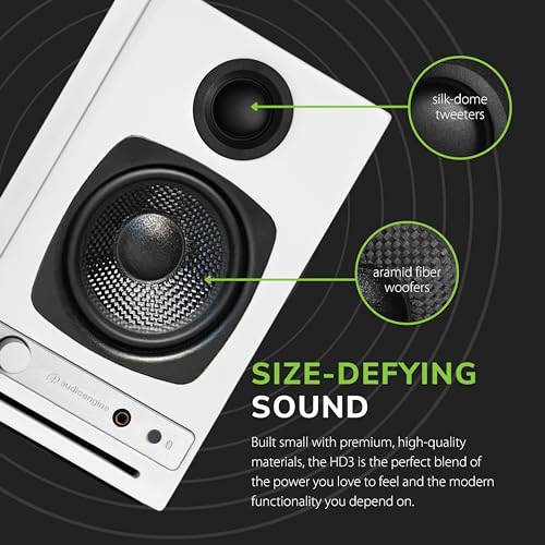 Audioengine HD3 Wireless Speakers with Bluetooth - 60W Powered Computer Speakers for Desktop Monitor and Home Music System with aptX HD Bluetooth, AUX, USB, RCA, 24-bit DAC (White, Pair)