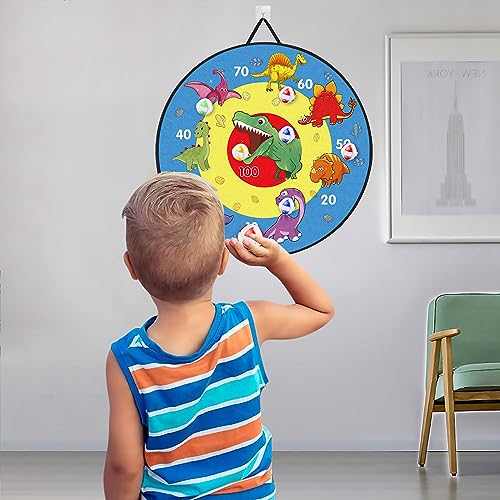 TOMYOU 26" Dart Board for Kids with 16 Sticky Balls, Double Sided Dinosaur Dart Board, Indoor Outdoor Party Games Toys, Birthday Toys Gift for Age 5 6 7 8 9 10 11 12 Year Old Boys Girls - 66cm