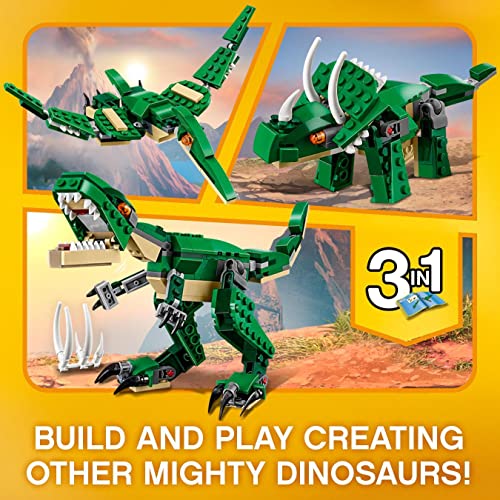 LEGO 31058 Creator Mighty Dinosaurs Toy, 3 in 1 Model, T. rex, Triceratops and Pterodactyl Dinosaur Figures, Gifts for 7-12 Year Old kids, Boys & Girls