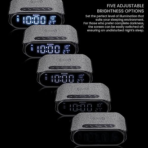 Roxel RAC-10 Bedside Alarm Clock With Super Fast Wireless Charging (5W/10W/15W), For iPhone & Samsung, USB Charger, Mood Lighting Night Lamp function Dimmable LED Display (Black)