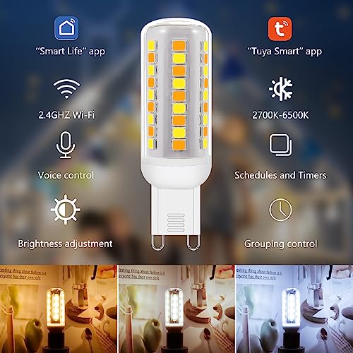 Wi-Fi Smart G9 LED Bulbs,Compatible with Alexa /Google Assistant, Dimmable,Warm White to Cool White, Brightness Adjustable 0%-100% 230V,0.4-4W,40LM-400LM,Timer Function G9 Smart LED bulb,2pack