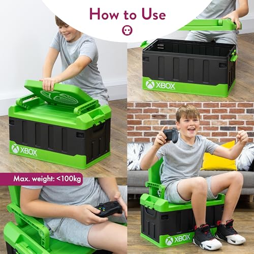 Numskull Xbox 2-in-1 Toy Storage Box & Folding Chair - Gaming Accessory Organizer with lid and handles for Family Rooms, Official Microsoft Merchandise