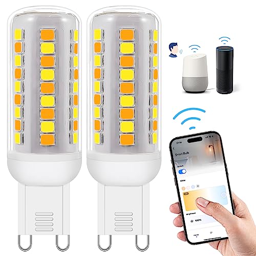 Wi-Fi Smart G9 LED Bulbs,Compatible with Alexa /Google Assistant, Dimmable,Warm White to Cool White, Brightness Adjustable 0%-100% 230V,0.4-4W,40LM-400LM,Timer Function G9 Smart LED bulb,2pack