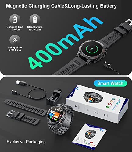 Men Smart Watch Bluetooth Answer/Make Call for Android iOS Phone 400 mAh 1.39" Outdoor Sport Activity Fitness Tracker 2 Watch Straps Black Steel Male Music Smartwatch Health Monitor