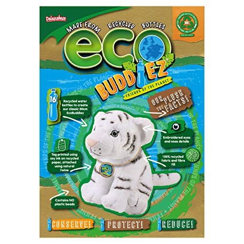 EcoBuddiez - White Tiger from Deluxebase. Medium 20cm Soft Plush Animals made from Recycled Plastic Bottles. Eco-Friendly Cuddly Gift for Kids and Cute Stuffed Animal Toy for Toddlers.