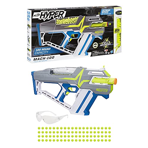 Nerf Hyper Mach-100 Fully Motorised Blaster – Includes 80 Nerf Hyper Rounds, Up To 110 FPS Velocity, Easy Reload, Holds Up to 100 Rounds. Age 14+