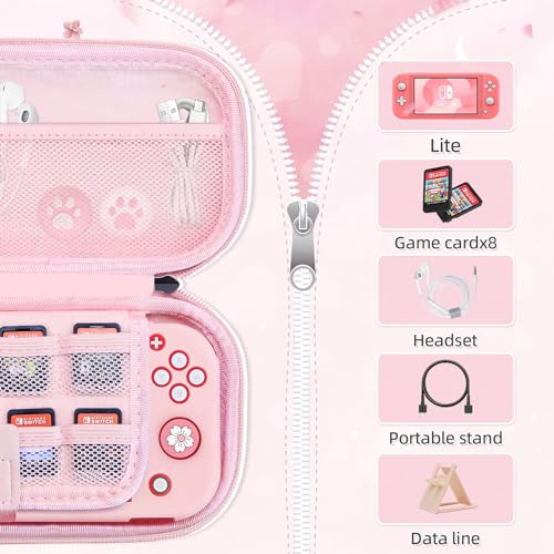 BRHE Pink Travel Carrying Case Accessories Kit for Switch Lite, Hard Protective Cover Skin Shell with Stand, Glass Screen Protector, Thumb Grip Caps 9 in 1