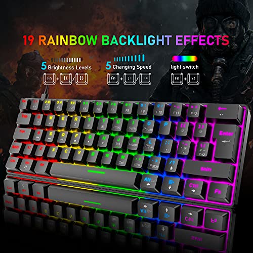 T60 UK Layout 60% Mechanical Keyboard and Mouse Set, Compact 62 Keys Mini Wired Gaming Keyboard 19 Rainbow Backlit + 6400DPI RGB Ultra-Light PC Gaming Mice + Mouse Pad For Laptop/MAC-Black/Red Switch