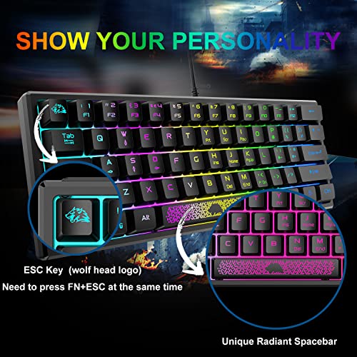 ZIYOU LANG K61 60% Percent Gaming Keyboard, Compact RGB Chroma Backlit STK61-Wired Mechanical Feel Membrane Keyboard, UK Layout Pro Mini 62 Keys, Waterproof, for PS4 XBOX PC Laptop Mac/Black
