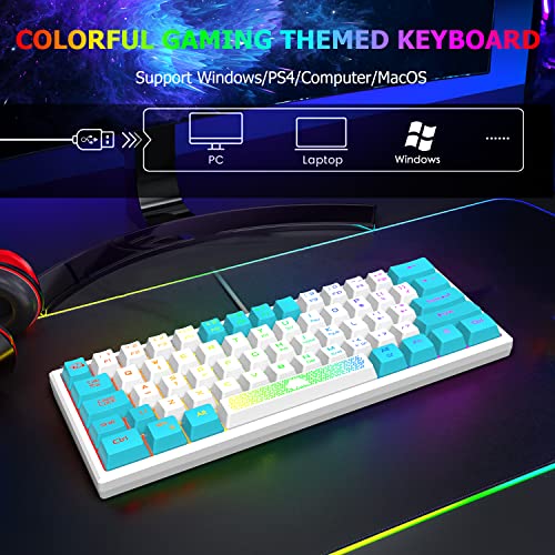 K61 UK Layout 60% Gaming Keyboard Wired 61 Keys RGB LED Backlit 7 Lighting Effects Waterproof Keyboard Mechanical Feeling 19 keys Anti Ghosting for Laptop MAC ps4- White and Blue Mixed-Colored Keycaps