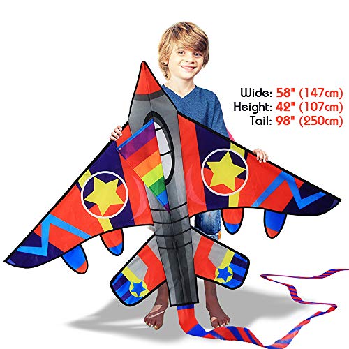 HUGE Fighter Plane Kite for Kids and Adults- 58"Wide with long tail- Easy Flyer - Kit Line and Swivel Included- Good for beach kite for children