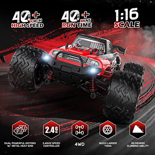 DEERC High Speed Remote Control Cars 25 MPH, 1:16 Scale RC Monster Truck, 4WD All Terrain Off-Road Racing Hobby Car with Lights, 2 Battery for 40 Mins Running, Toy Gift for Adults, Kids