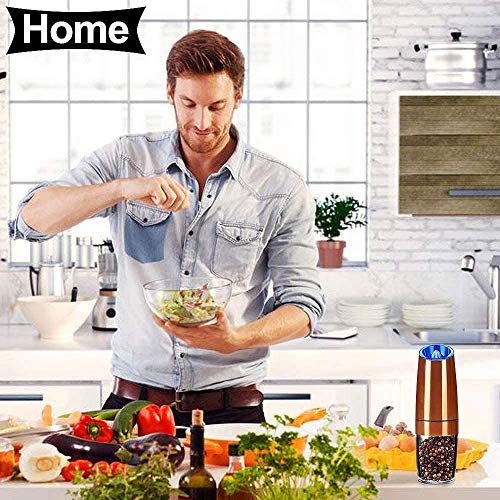 sdlogal Salt and Pepper Mill Electric (Copper, 2 Pieces), Gravity Automatic Operation Spice Mills with LED Light, Adjustable Coarse Mechanism, Battery Operated, Salt Mill for Home, Kitchen