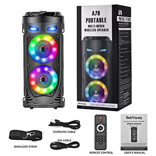 Portable Bluetooth Speaker, 30W Wireless Speaker with Double 4’’ Full range Stereo Sound, Mixed Color LED Lights, Remote, Supports EQ, TWS, USB, TF, AUX, Loud Speaker for Travel, Home, Party(1 Pcs)