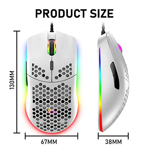 Wired Gaming Mouse, 6 RGB Lighting 6400 DPI Programmable USB Gaming Mice with 6 buttons, Honeycomb Shell Ergonomic Design for PC Gamers and Xbox and PS4 Users -White