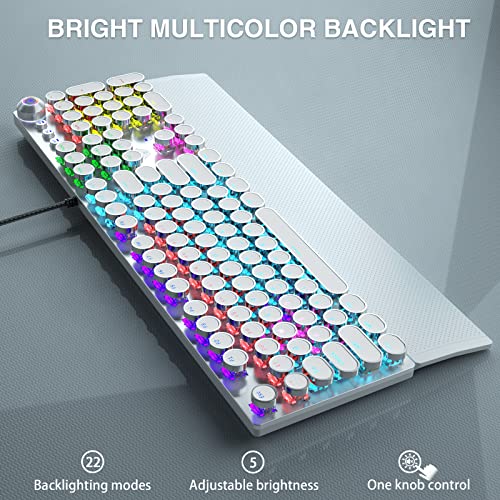 Aula F2088 Typewriter Style Mechanical Gaming Keyboard Blue Switch, with Removable Wrist Rest, Media Control Knob, Rainbow Backlit, Retro Punk Round Keycaps, 108 Keys Wired Computer Keyboard, White