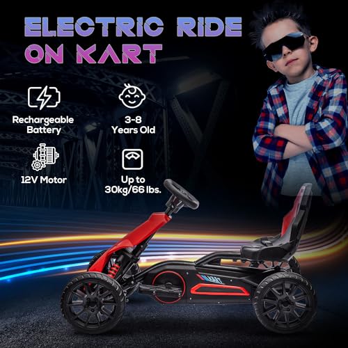 HOMCOM 12V Electric Go Kart for Kids, Ride-On Racing Go Kart with Forward Reversing, Rechargeable Battery, 2 Speeds, for Boys Girls Aged 3-8 Years Old - Red