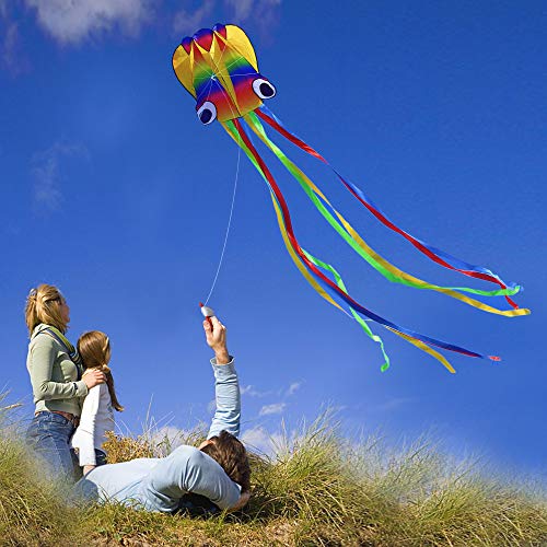 Huge Rainbow Soft Octopus Kite for Kids and Audlts- Large Kite with Long Tail and 200ft line-Easy to Fly kites for chlidren under 10