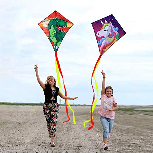 Diamond Kite 2 Pack, Dinasour + Unicorn Eddy Kite, Single Line Kite for Children, Wonderful Beginner Kite for 3 years up, 60x70cm with 2x300cm long tails, Kite handle, 60m String and swivel included.