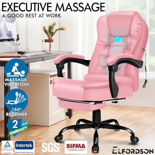 ELFORDSON Pink Office Chair for Home Office, Massage Office Chair with Footrest, Pink Gaming Desk Chair, Comfy PU leather Chair for Adults (Pink)