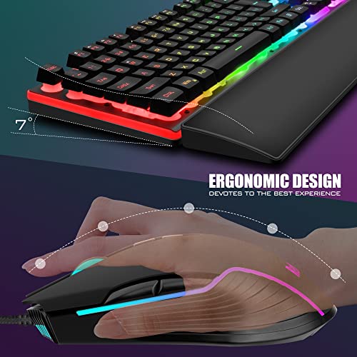 RedThunder K10 Wired Gaming Keyboard and Mouse Combo, UK Layout, True RGB Backlight, Soft Leather Wrist Rest, Mechanical Feel Ergonomic Anti-Ghosting Keyboard + 7D 7200 DPI Mouse for PC, Mac (Black)