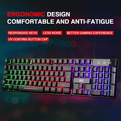 Rii Gaming Keyboard, RK100 Plus Rainbow LED Backlit Keyboard Mechanical Feeling,USB Wired Keyboard for Working Gaming (UK Layout)