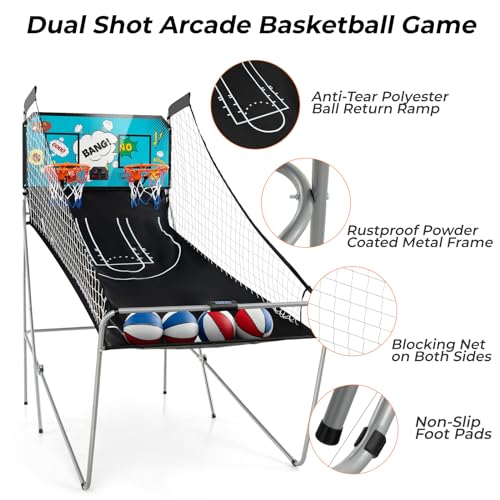 Maxmass Kids Basketball Arcade Game, Folding Dual Shot Basketball Game with 8 Modes, 4 Basketballs, LED Scoreboard & Sound Effect, Electronic Basketball Shooting Machine for Indoor Outdoor (Green)