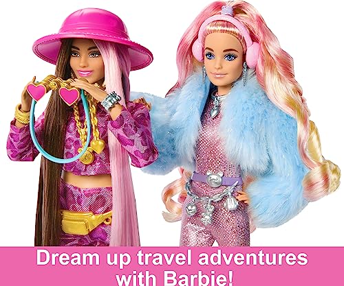 Barbie Travel Barbie Doll with Wintery Snow Fashion, Barbie Extra Fly, Sparkly Pink Jumpsuit and Faux-Fur Coat, HPB16