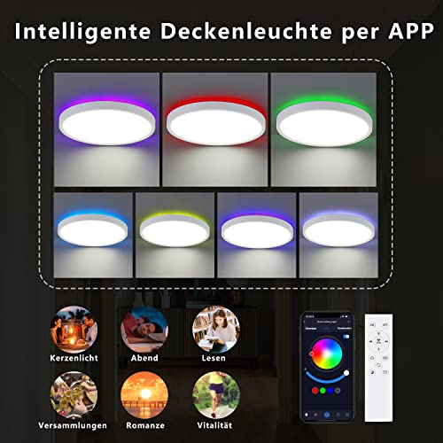 CBJKTX 36 W Ceiling Light LED Ceiling Light Colour Changing - Dimmable Bedroom Lamp with Smart RGB Backlight Panel Flat Round via Remote Control App for Living Room Bedroom Children's Room