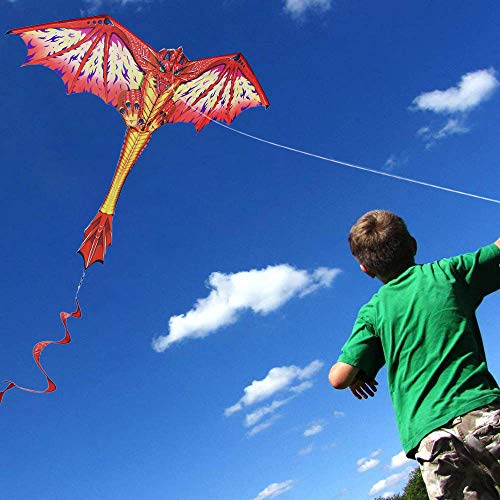 Dragon Kite for Kids and Adults-Easy to Fly, Beginner Kite-55 x 62inch with Spinning Tail 200ft Kite String, Kites Kids(RED)