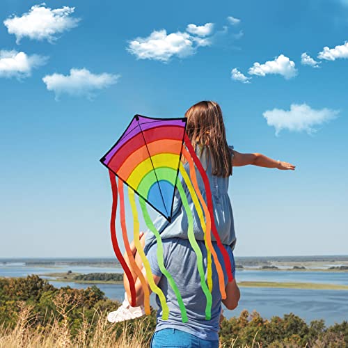 ECHOCUBE Huge Rainbow Diamond Kite for Kids & Adults, Easy to Fly Kite with 8 Long Tails and 100M Kite String, Great Outdoor Toy for Beach, Park and Family Time (73 * 65cm)