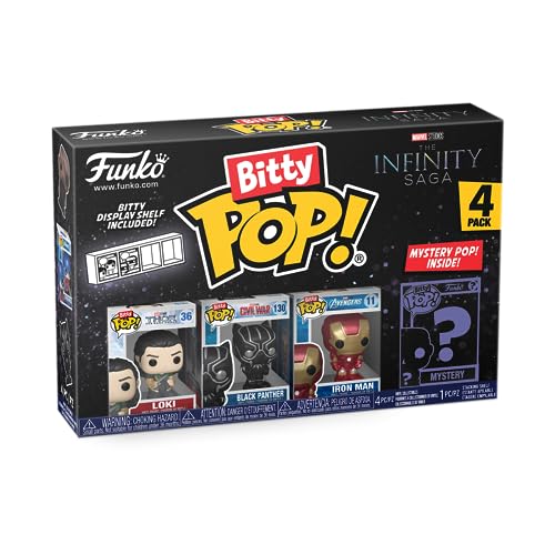 Funko Bitty Pop! Marvel - Loki 4PK - Loki, Black Panther, Iron Man (VII) and A Surprise Mystery Mini Figure - 0.9 Inch (2.2 Cm) - Marvel Comics Collectable - Stackable Display Shelf Included