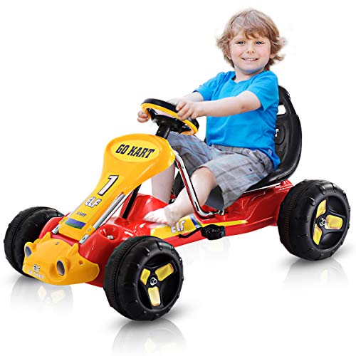 COSTWAY Kids Go Kart, Quad Style Ride On Racer with Adjustable Seat & Non-Slip Wheels, Children Pedal Go-karts for Boys and Girls (Red)