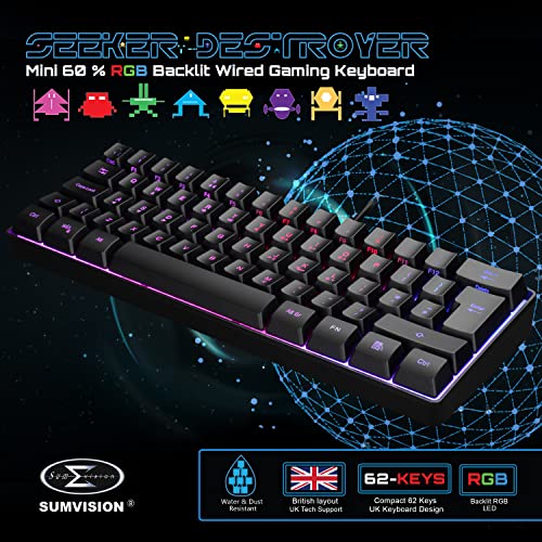 PC Gaming Keyboards SUMVISION SEEKER DESTROYER 60% Percent Pro Gaming Keyboard Wired USB Mini Compact Backlit Mechanical Feel Apple Mac Windows 11 PC PS5 Xbox Series X/S (FREE UK TECH SUPPORT)