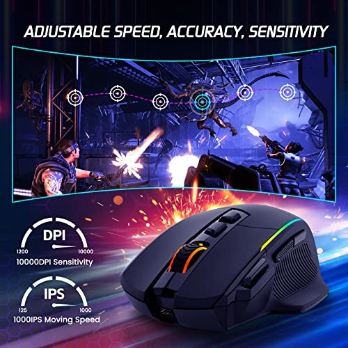 Wireless Gaming Mouse, Tripe-Mode 2.4G/USB-C/Bluetooth Mouse Up to 10,000DPI, RGB Backlit, Ergonomic Mouse with 8 Programmable Buttons, Rechargeable Wireless Mouse for Laptop, PC, Mac Gamer-Black