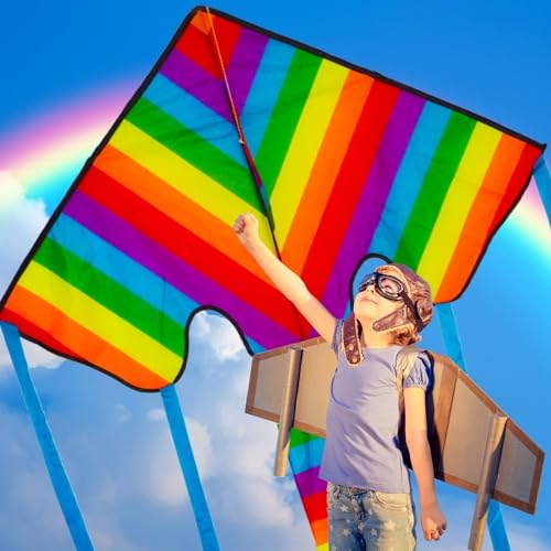 Huge Rainbow Delta Kite for Children and Adults - Great Outdoor Kids Toys for Beginners - Very Easy to Fly Kite - Even in Low Winds - Makes a Great Gift or Stocking Filler