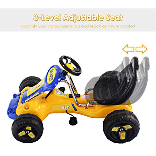 COSTWAY Kids Go Kart, Quad Style Ride On Racer with Adjustable Seat & Non-Slip Wheels, Children Pedal Go-karts for Boys and Girls (Yellow)