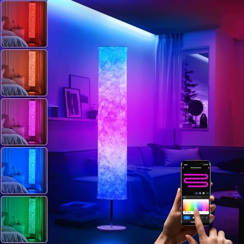 BASRAE Smart Floor Lamp for Living Room,RGB Standing Light with Soft Shade,LED Bedroom Standard Lamps,APP Voice Control,Music Sync,Works with Alexa Google Assistant,60in Colour Change Corner Lights